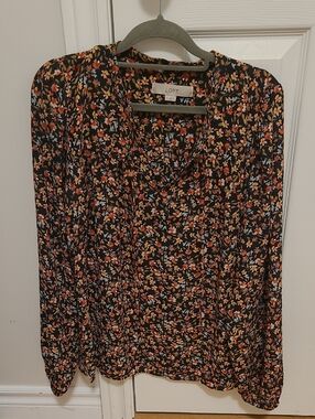 LOFT Black Floral V-Neck Blouse with Orange and Light Blue Flowers